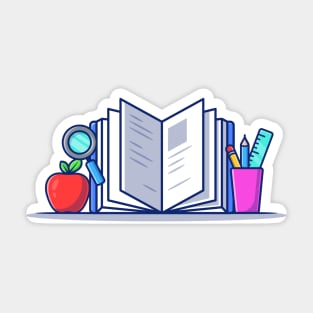 Book With Stationery, Apple And Magnifying Glass Sticker